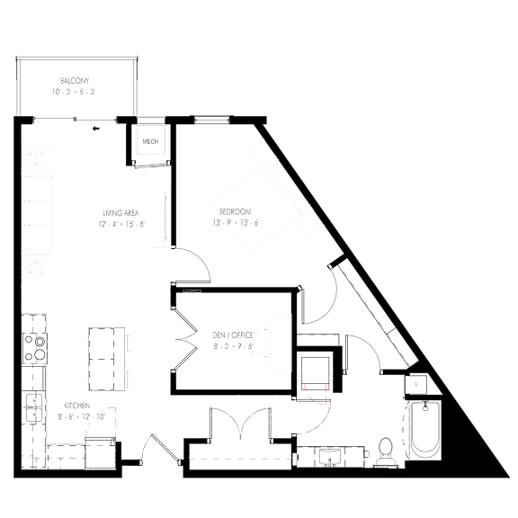 A floor plan of a house with labeled rooms such as kitchen, den, and balcony.