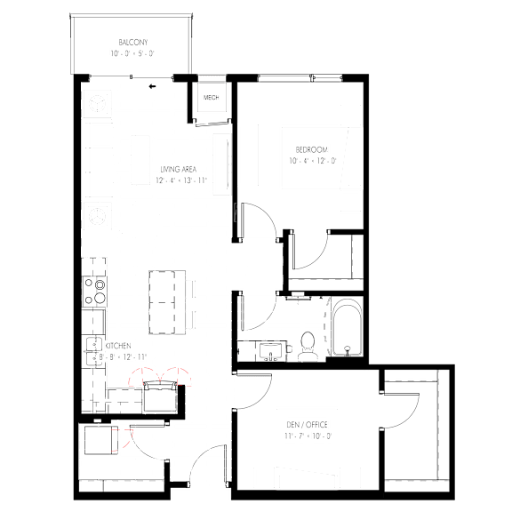 A floor plan of a house with a kitchen, living area, and two bathrooms.