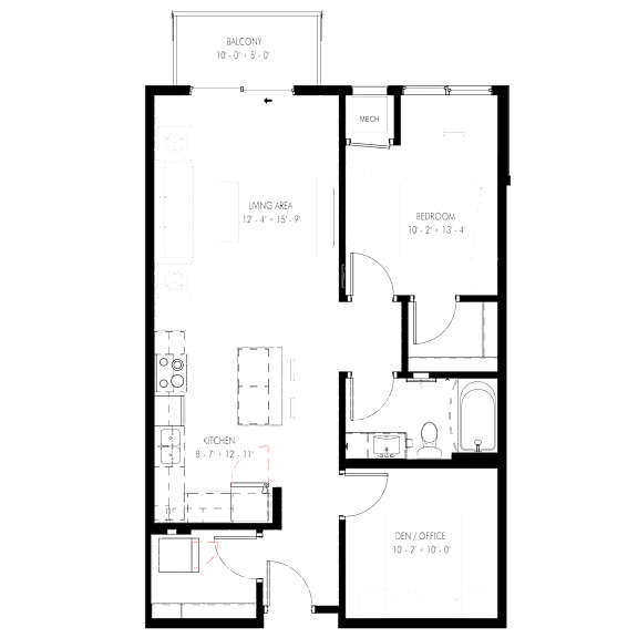 A floor plan of a house with a living area, kitchen, and two bedrooms.