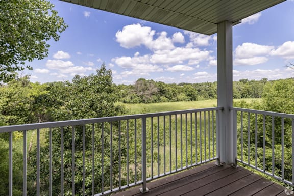 A balcony with a view of a green forest.
