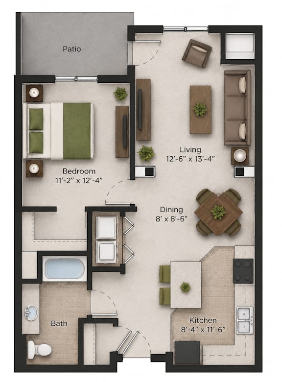 A floor plan of a small apartment with a living room, dining room, kitchen, bedroom, and bathroom.