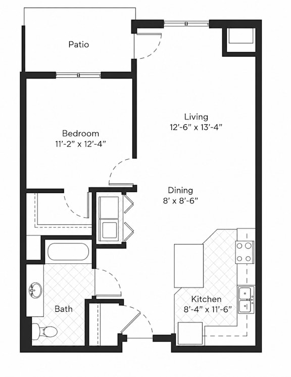 A floor plan of a small apartment with a living room, bedroom, dining area, kitchen, and bathroom.