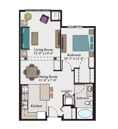 A floor plan of a small apartment with a living room, dining room, kitchen, and bathroom.