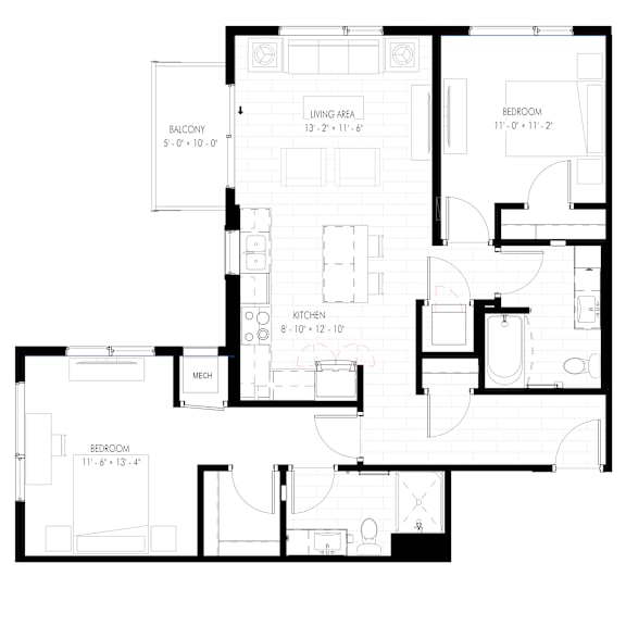 A floor plan of a house with a living area, two bedrooms, a kitchen, and a work area.