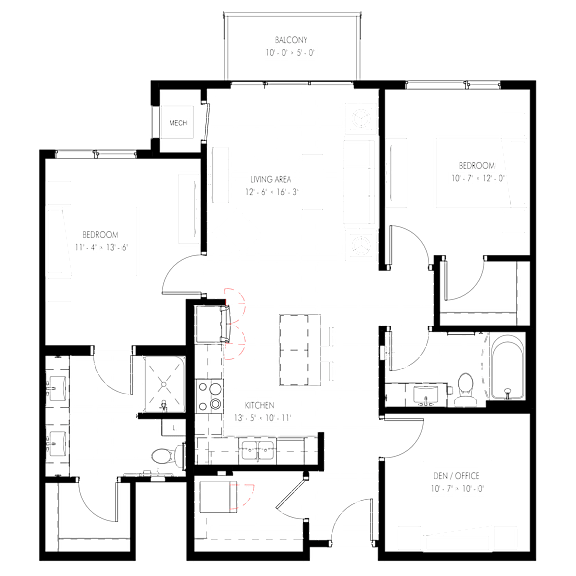 A floor plan of a house with labeled rooms such as Bedroom, Kitchen, Living Area, Dining Area, and Balcony.