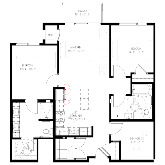 A floor plan of a house with labeled rooms such as Bedroom, Bathroom, Kitchen, Living Area, and Dining/Office.