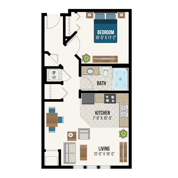 A floor plan of a small apartment with a bedroom, bath, kitchen, and living room.