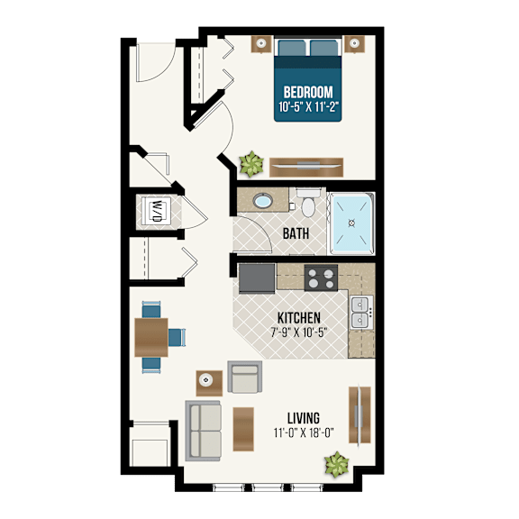 A floor plan of a small apartment with a bedroom, bath, kitchen, and living room.