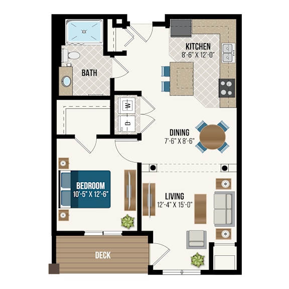 A floor plan of a small apartment with a kitchen, bathroom, dining area, bedroom, and living room.