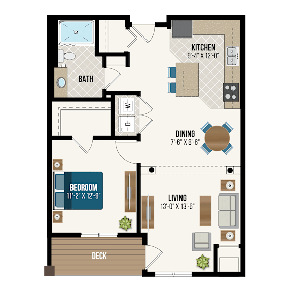 A floor plan of a house with a kitchen, bathroom, dining area, bedroom, living room, and deck.
