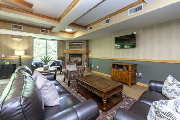 A living room with a fireplace and a television mounted on the wall.