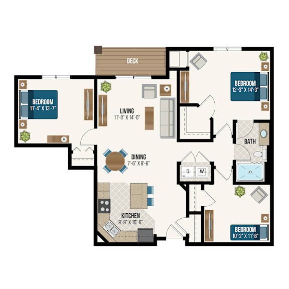 A floor plan of a house with a deck, two bedrooms, a living room, a dining area, a kitchen, and a bathroom.