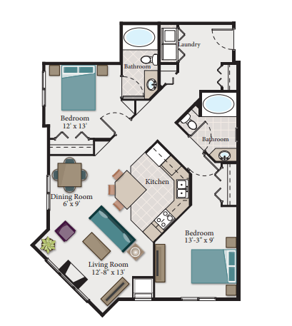 A floor plan of a house with a living room, dining room, kitchen, and three bedrooms.