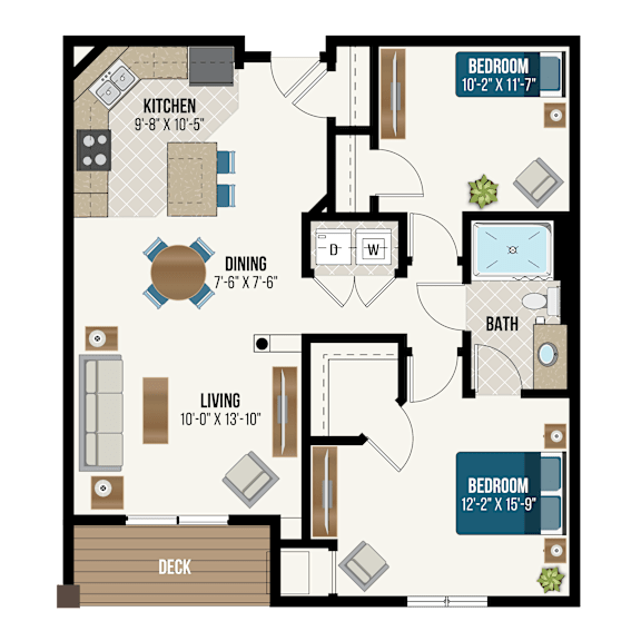 A floor plan of a house with a kitchen, living room, dining room, two bedrooms, a bathroom, and a deck.