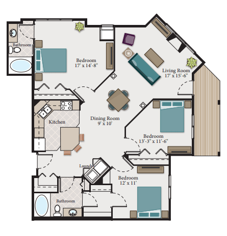 A floor plan of a house with a living room, two bedrooms, a kitchen, a dining room, and two bathrooms.