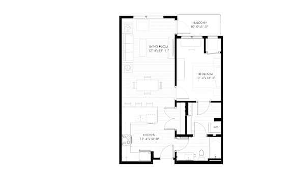 A floor plan of a small apartment with a kitchen, two bedrooms, and a living room.