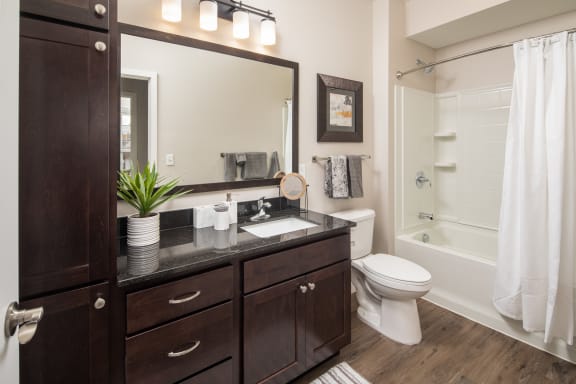 a bathroom with dark cabinets and a white bathtubat The Carver Apartments, Chaska
