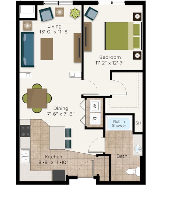 Floor Plan  A floor plan of a small apartment with a living room, dining room, kitchen, and bathroom.