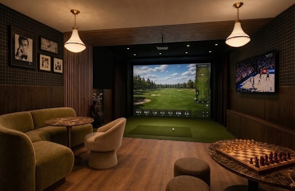 A room with a large screen and a chessboard.