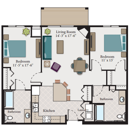A floor plan of a small apartment with a living room, two bedrooms, a kitchen, a bathroom, and a laundry area.
