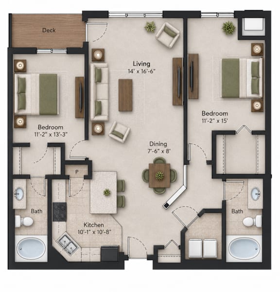 A floor plan of a house with a living room, two bedrooms, a dining room, a kitchen, and two bathrooms.