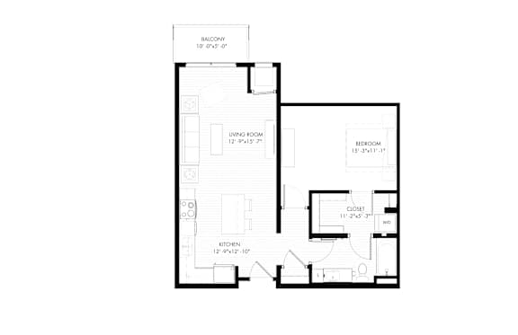 A floor plan of a house with a living room, dining room, kitchen, and two bedrooms.