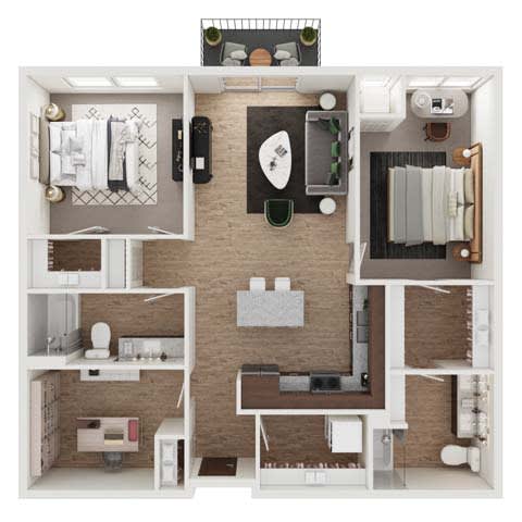 a 3d drawing of a bedroom with a living room and a bathroom