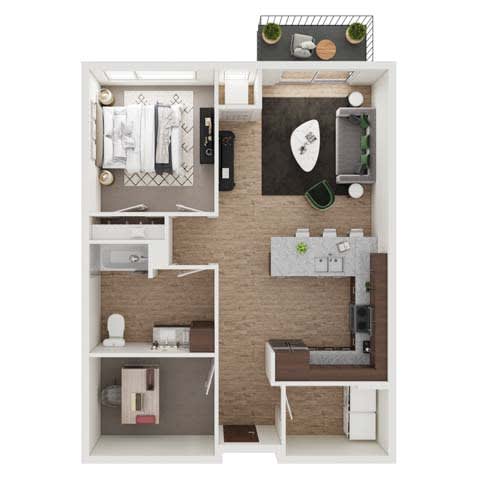 a stylized floor plan with a bedroom and a living room