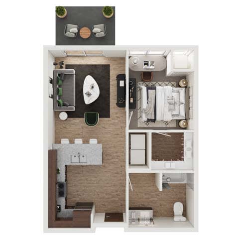 a stylized floor plan with a bedroom and a bathroom