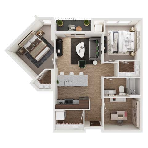 a stylized floor plan of a 1 bedroom apartment