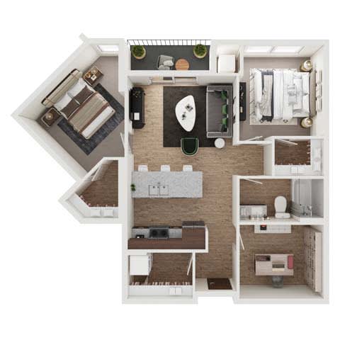 a bedroom floor plan with a bathroom and a living room