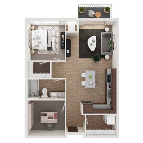 a stylized floor plan with a bedroom and a living room