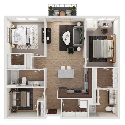 a 3d rendering of a residential floor plan with a bedroom and living room