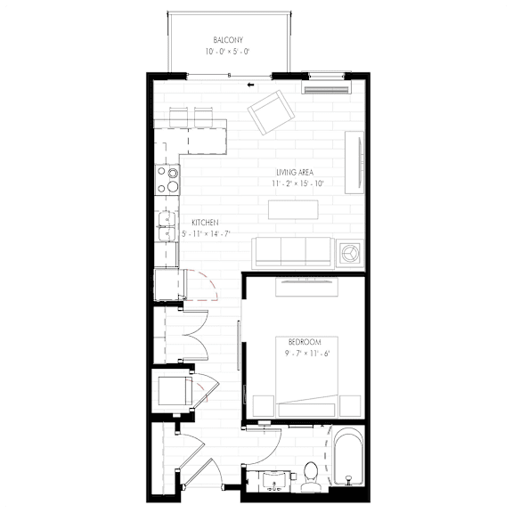 A floor plan of a small apartment with a kitchen, living room, and bathroom.
