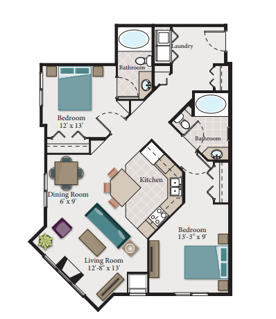A floor plan of a house with a living room, dining room, kitchen, and three bedrooms.