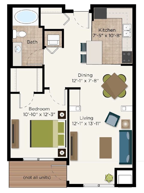 A floor plan of a small apartment with a kitchen, bathroom, dining area, bedroom, and living room.