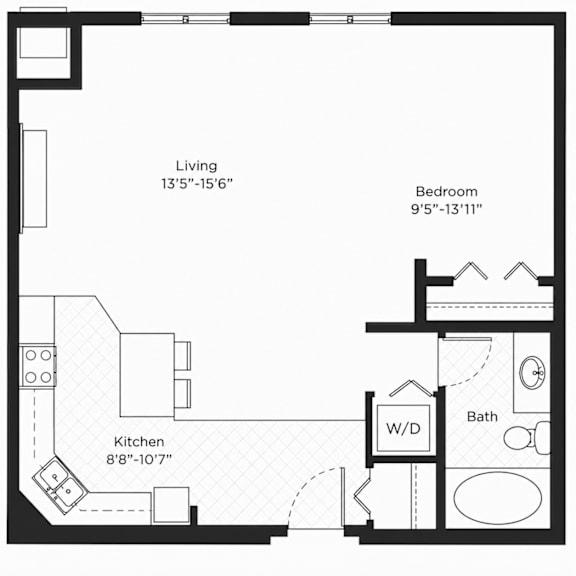 A floor plan of a small apartment with a living room, kitchen, bathroom, and bedroom.