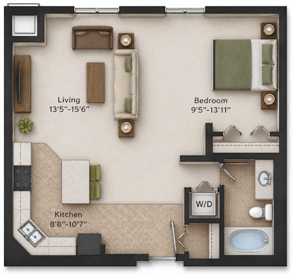 A floor plan of a small apartment with a living room, kitchen, and bedroom.