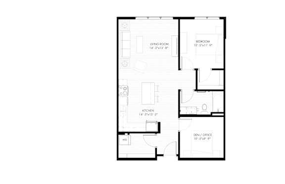 A floor plan of a house with a living room, kitchen, and den/office.