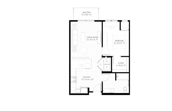 A floor plan of a small apartment with a living room, dining room, kitchen, and bathroom.