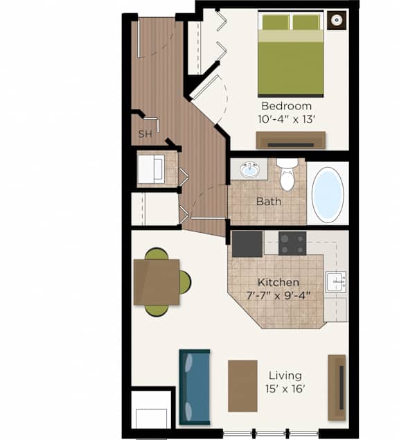 A floor plan of a small apartment with a bedroom, bathroom, kitchen, and living room.