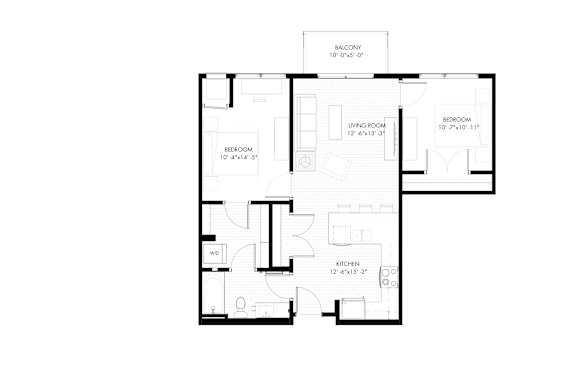 A floor plan of a house with a balcony, two bedrooms, a living room, a kitchen, and a bathroom.