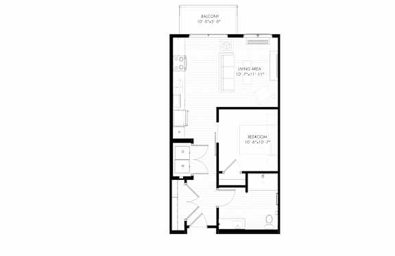 A floor plan of a Salcony apartment with a living area, kitchen and two bedrooms.