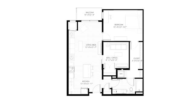 A floor plan of a house with a balcony, bedroom, living area, den/office, and kitchen.