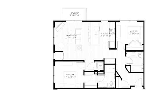 A black and white image of a floor plan for a two bedroom apartment.