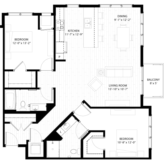 floor plan of the first floor of an asymmetrical floor plan with an open concept