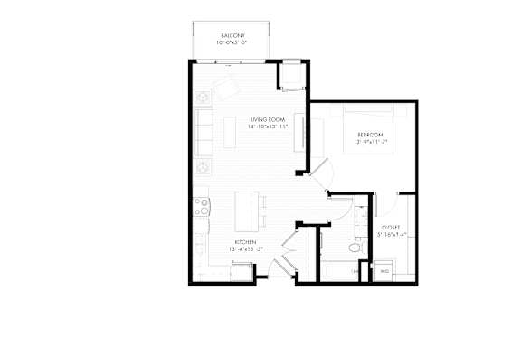 A floor plan of a house with a living room, kitchen, and two bedrooms.