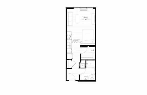 A floor plan of a house with a kitchen, living room, and bathroom.