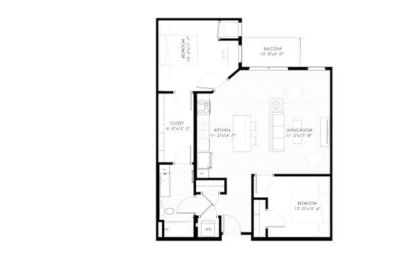 A floor plan of a house with a garage, living room, dining room, kitchen, and two bedrooms.