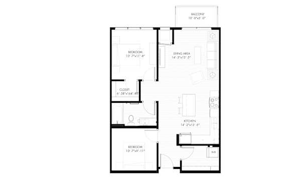 A floor plan of a house with a living area, two bedrooms, a kitchen, and a bathroom.